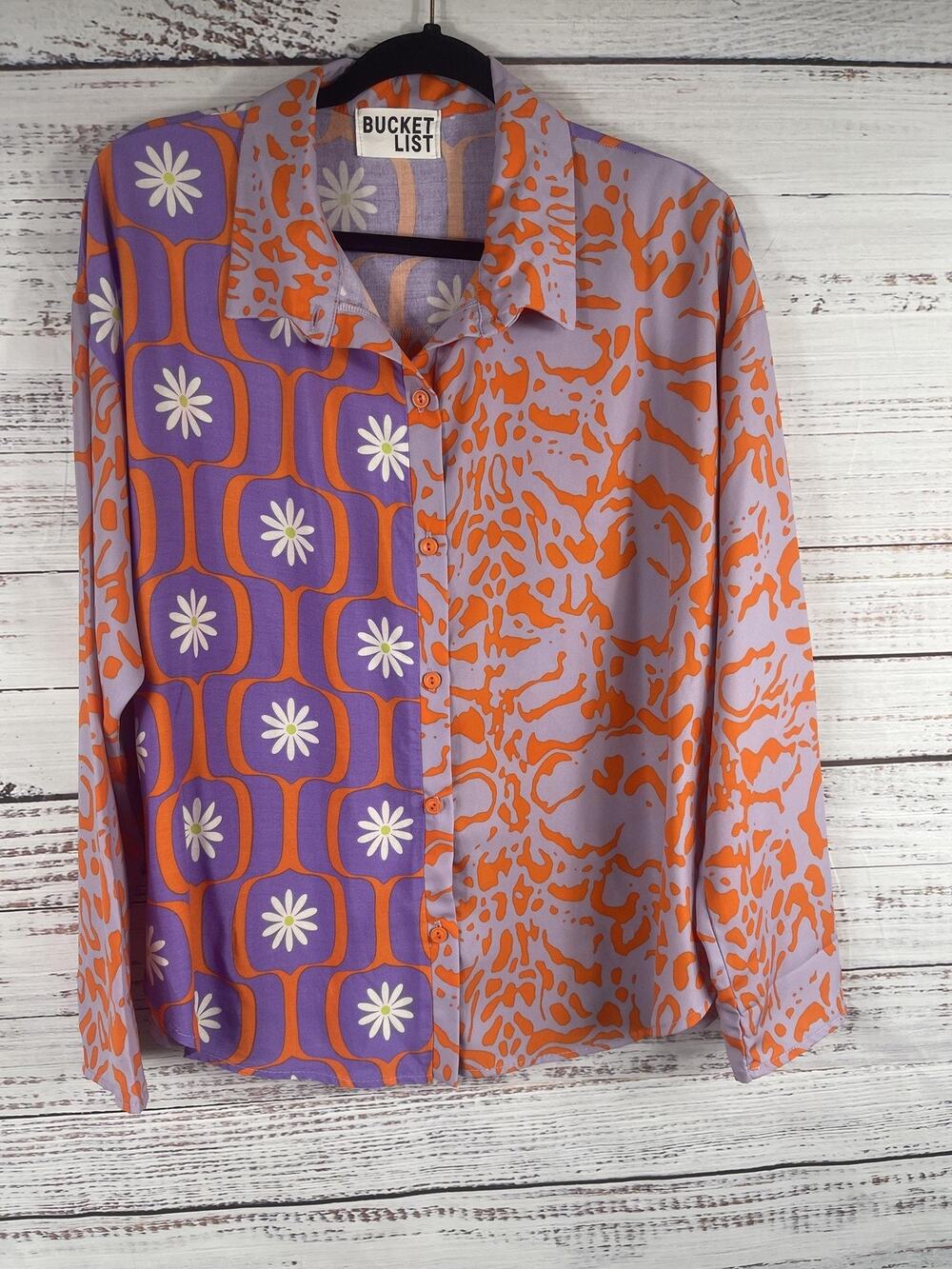 Bucket List Shirt Women's SZ L Lavender Orange Button Down Daisy Print Made USA